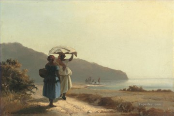 カミーユ・ピサロ Painting - 海辺でおしゃべりする二人の女性 セント・トーマス 1856年 カミーユ・ピサロ